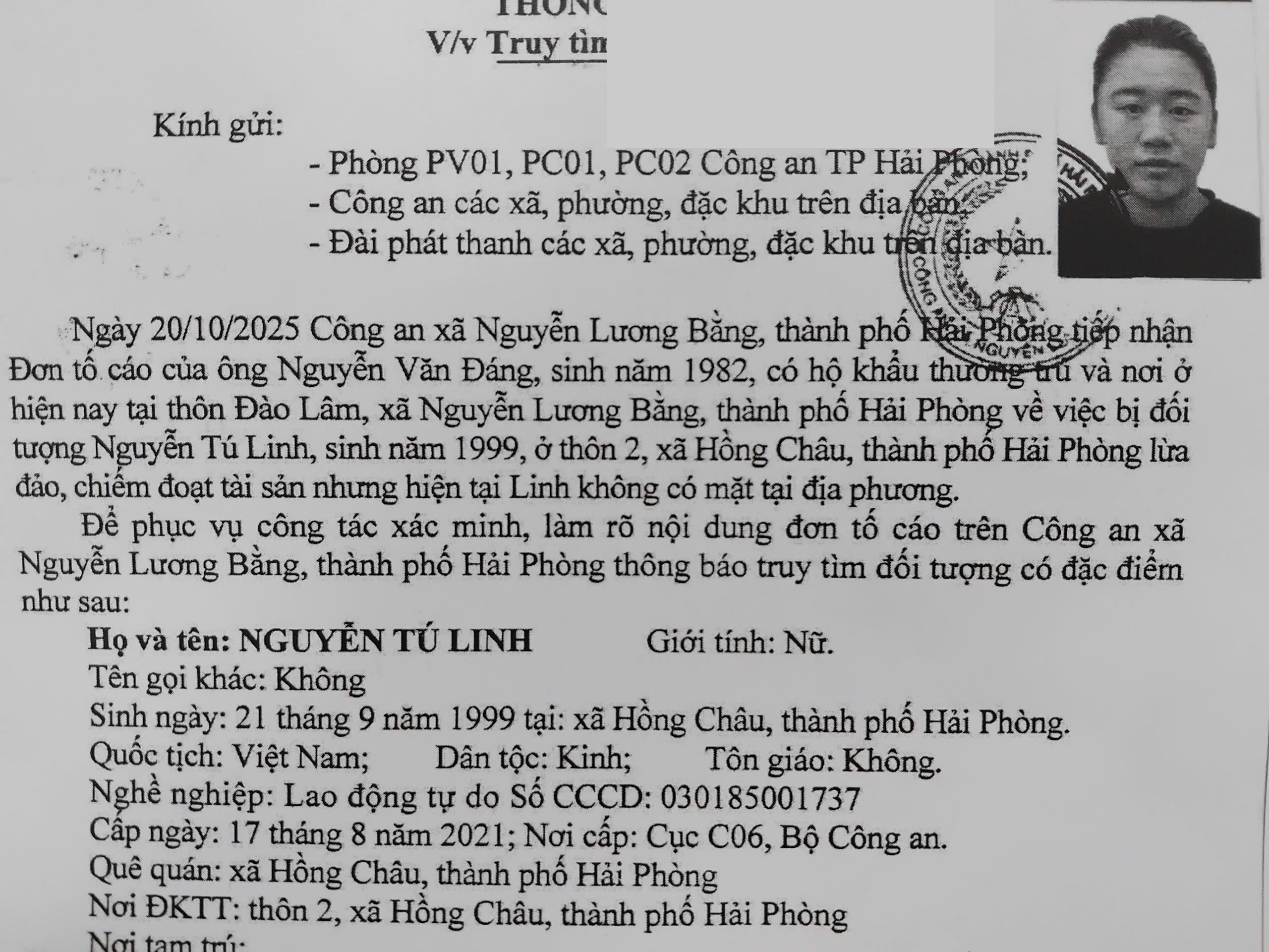 Công an xã Nguyễn Lương Bằng thông báo truy tìm đối tượng Nguyễn Tú Linh